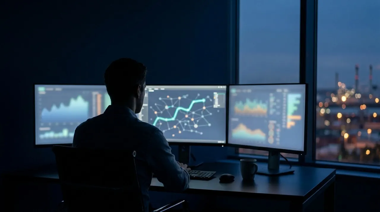 Planner at a three-screen workstation reviewing a network scenario at dusk