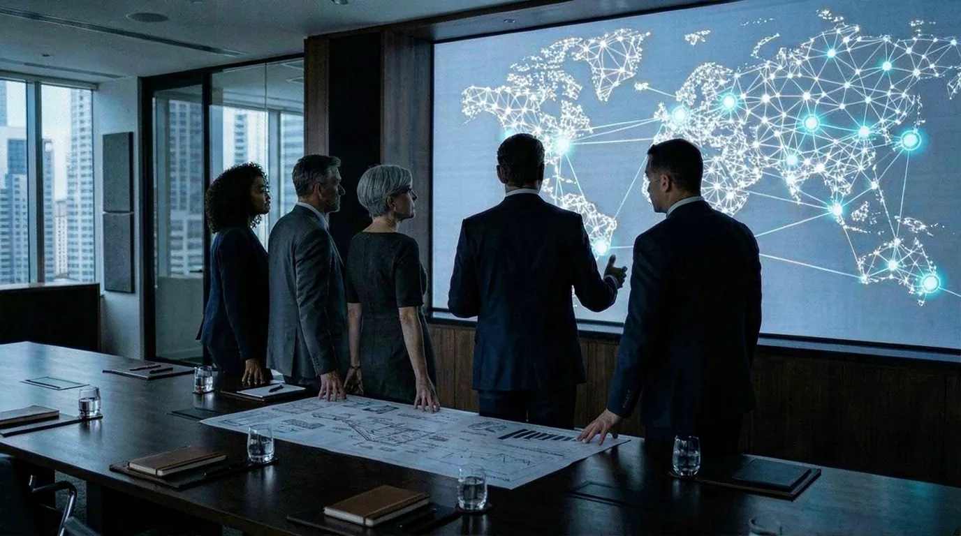Leadership team reviewing a global network map in a boardroom